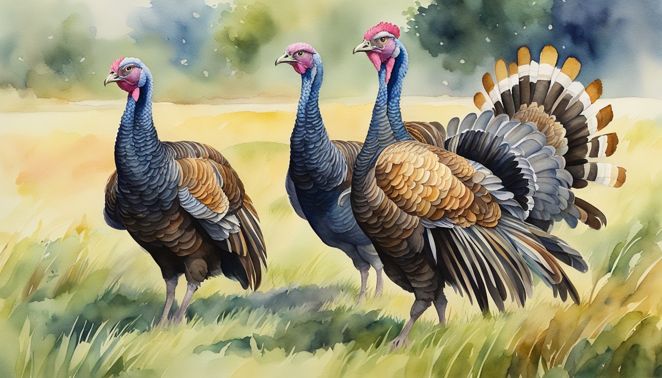 A group of turkeys strutting in a grassy field, displaying their colorful feathers and puffing out their chests to attract mates