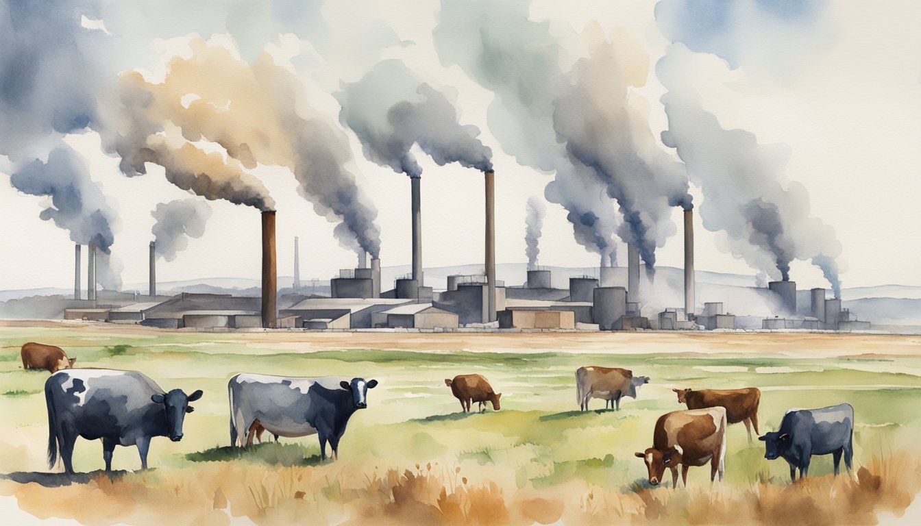 Smokestacks belching pollution, cattle grazing on deforested land, and crowded feedlots illustrate the environmental and ethical drawbacks of lab-grown meat