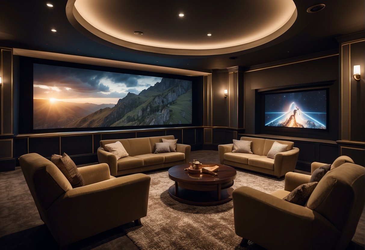 A cozy small theatre room with plush seating, dimmable lighting, and a large screen. Surround sound speakers line the walls, and movie posters decorate the space