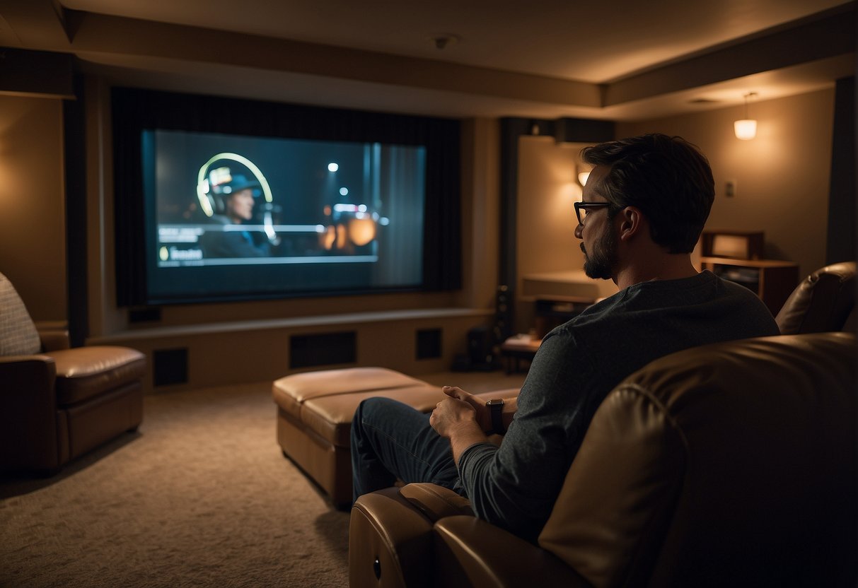 A person is carefully choosing lighting, sound, and seating equipment for a small theater room. The room is cozy and intimate, with dim lighting and plush seating options