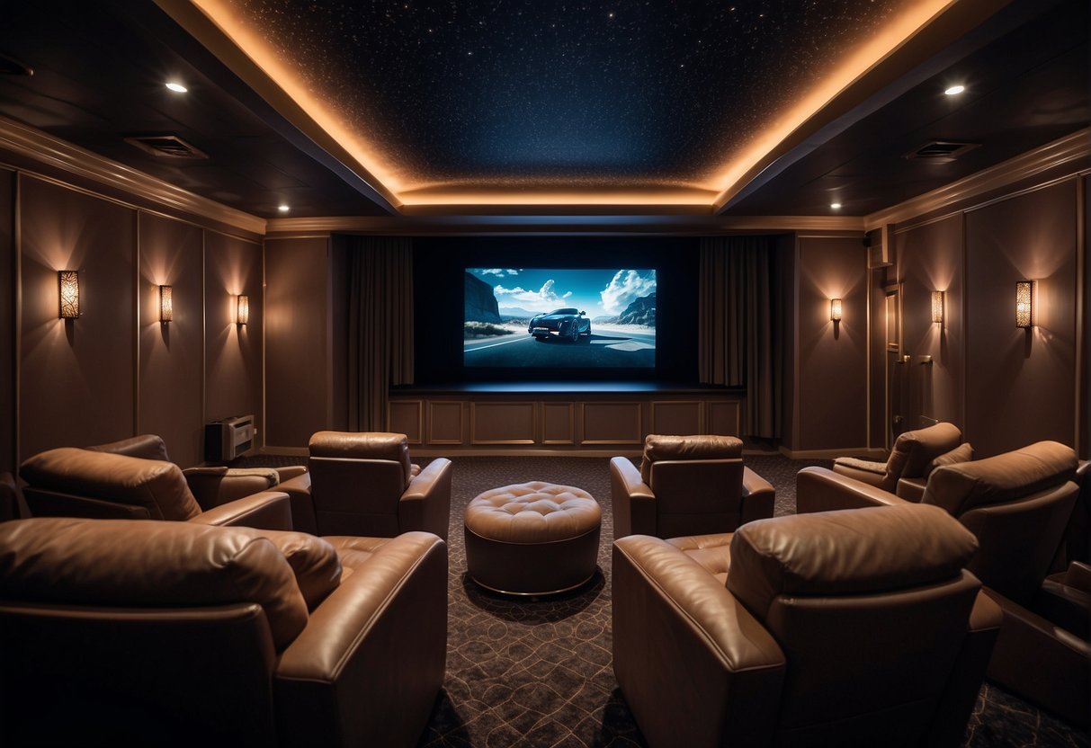 Cozy theater room with plush seating, dim lighting, and a large screen