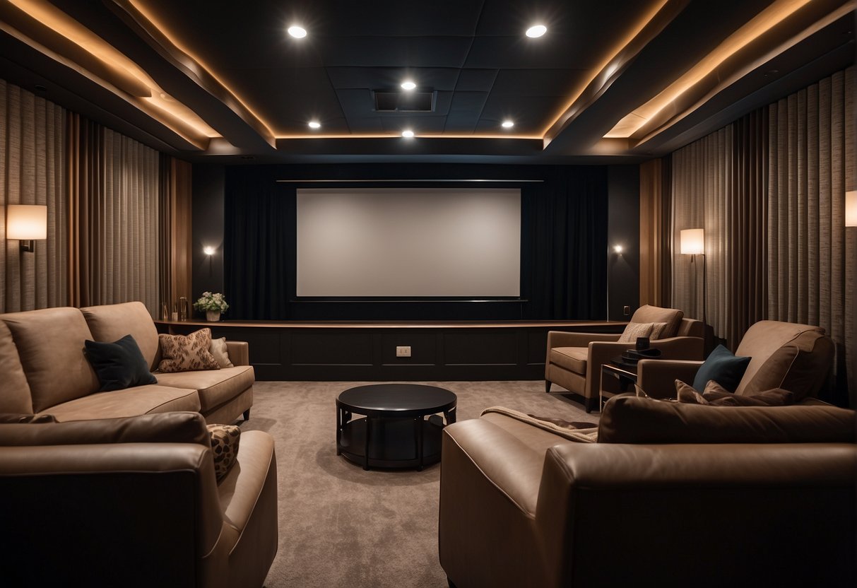 A small theatre room with acoustic treatment, featuring sound-absorbing panels on the walls and ceiling, plush seating, and warm lighting creating a cozy atmosphere