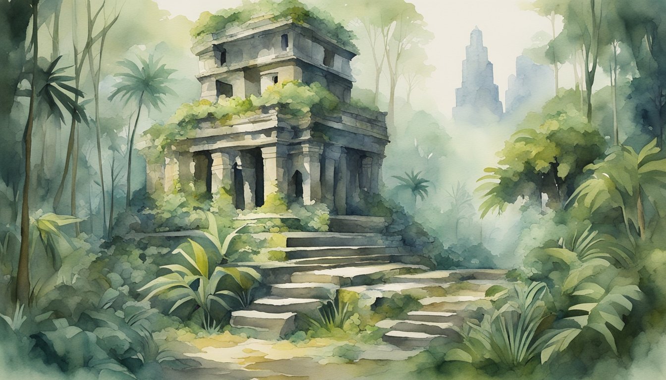 Lush jungle with overgrown ruins, stone pyramids, and intricate carvings.</p><p>A sense of mystery and abandonment