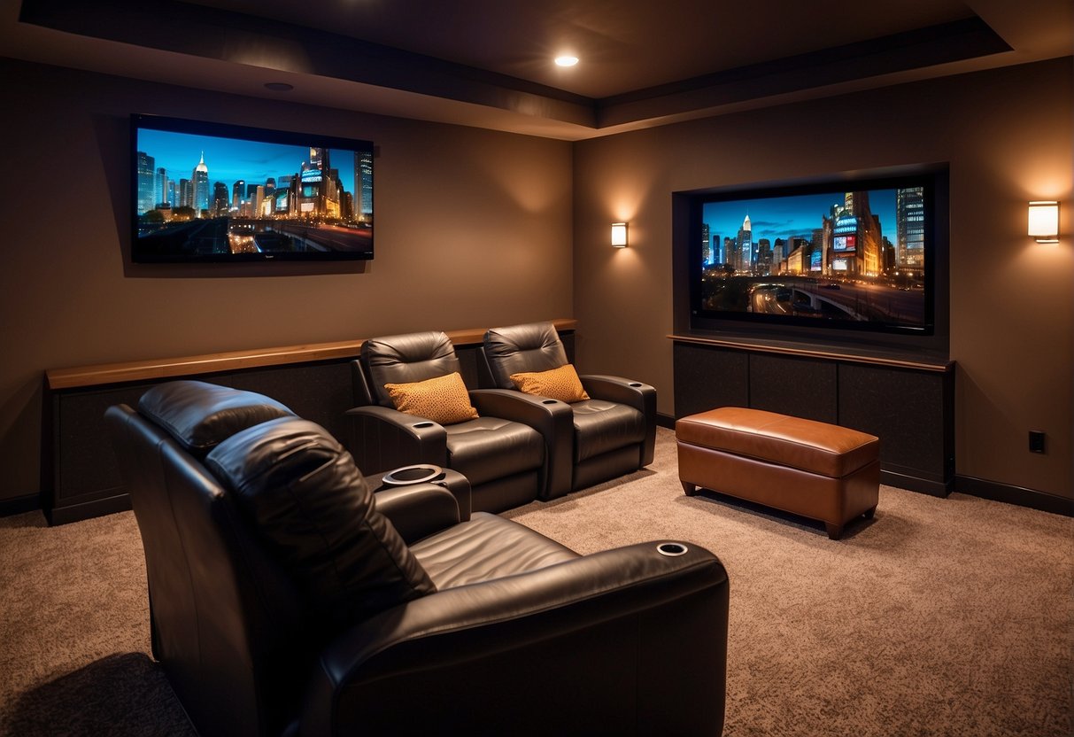 A cozy theatre room with plush seating, dimmable lighting, and a wall-mounted projector. Decor includes movie posters, popcorn machine, and shelves with DVDs