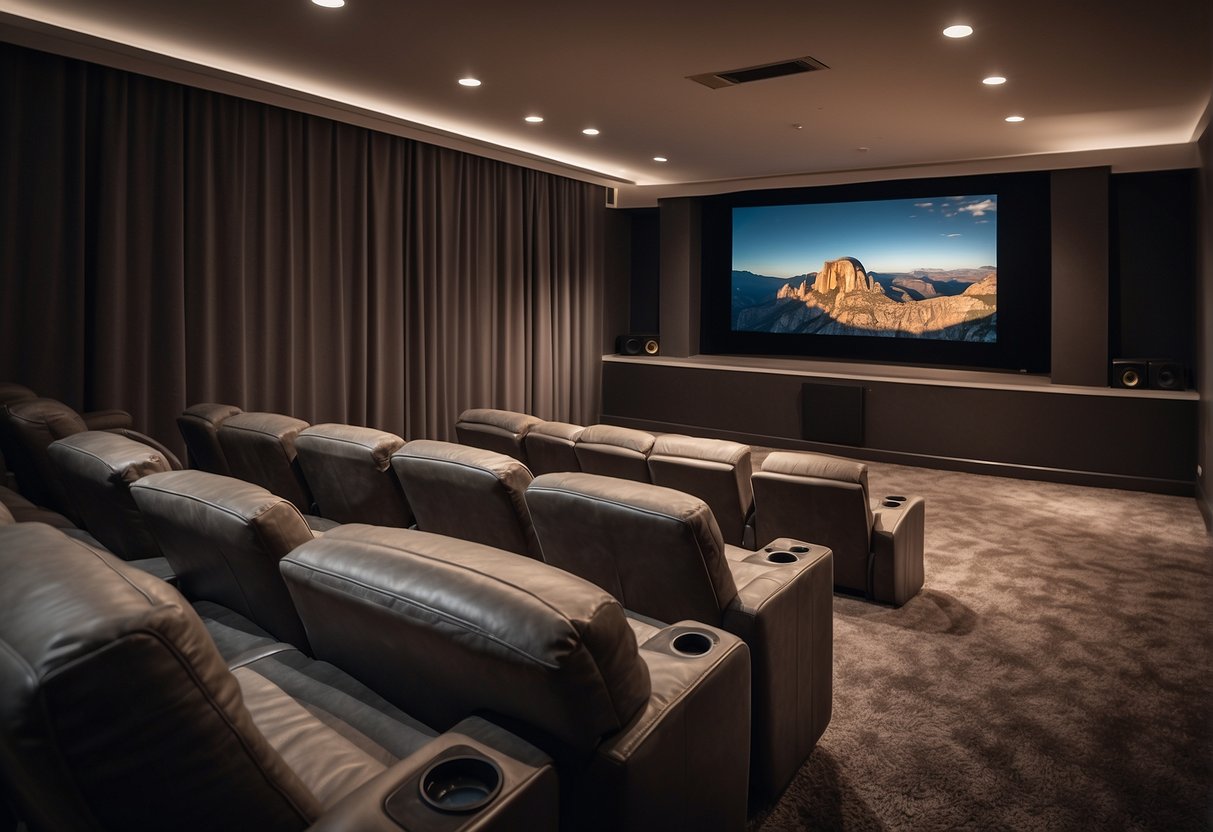 A small theatre room with cozy seating, dimmable lighting, and a high-quality sound system. A projector screen hangs on the wall, surrounded by framed movie posters