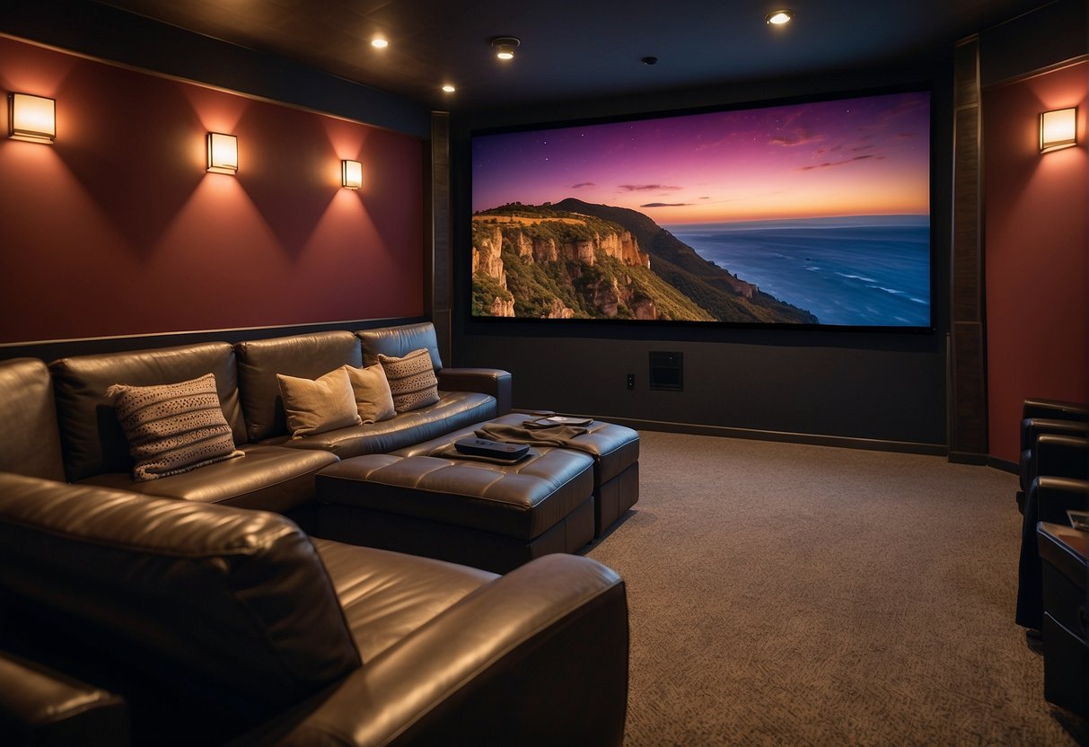 A small theatre room with cozy seating, dimmable lighting, and a projector screen. Decor includes movie posters, soundproofing panels, and a snack bar