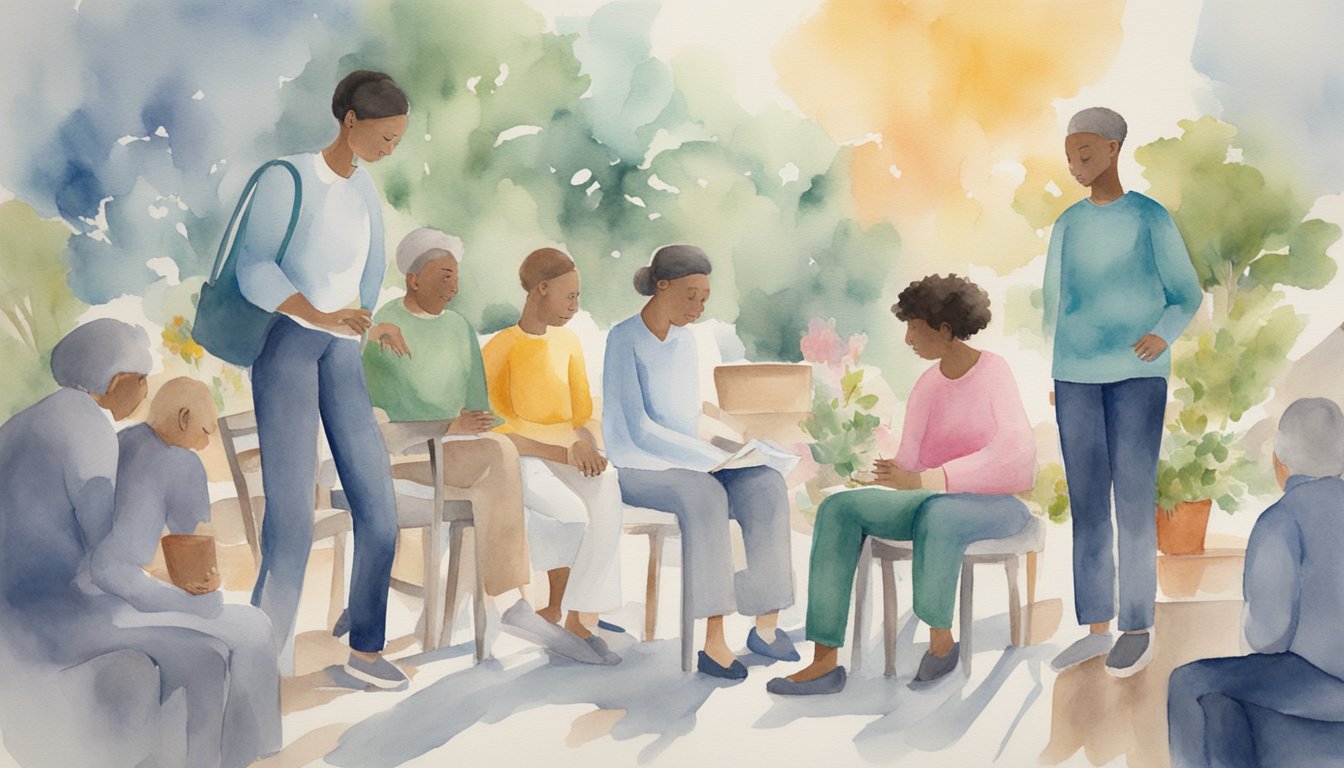 A person with epilepsy living a full life, surrounded by supportive friends and family, managing their condition with medication and regular medical check-ups