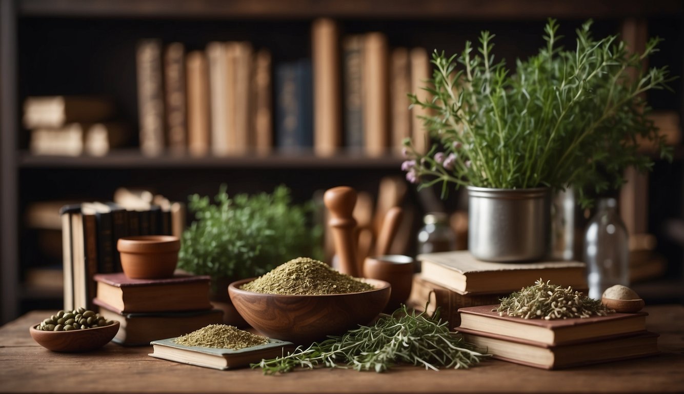 A table filled with various herbs, mortar and pestle, and books on herbal remedies in a cozy, well-lit room