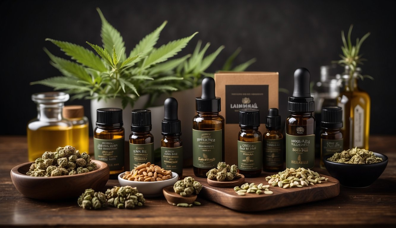 A table displays various cannabis products, including oils, edibles, and dried herbs, with informational brochures nearby