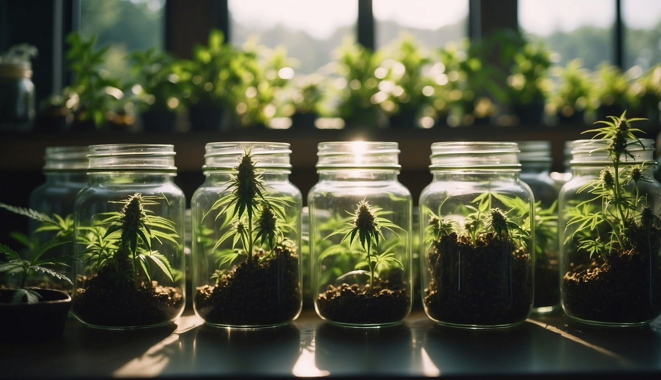 Lush green cannabis plants grow in a sunlit greenhouse, surrounded by jars of herbal remedies in a cozy shop in Quincy, Illinois