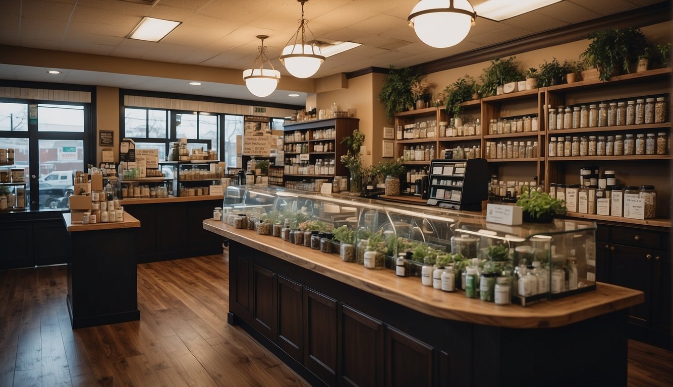 A cozy dispensary in Quincy, IL, with shelves of herbal remedies and a friendly staff assisting customers