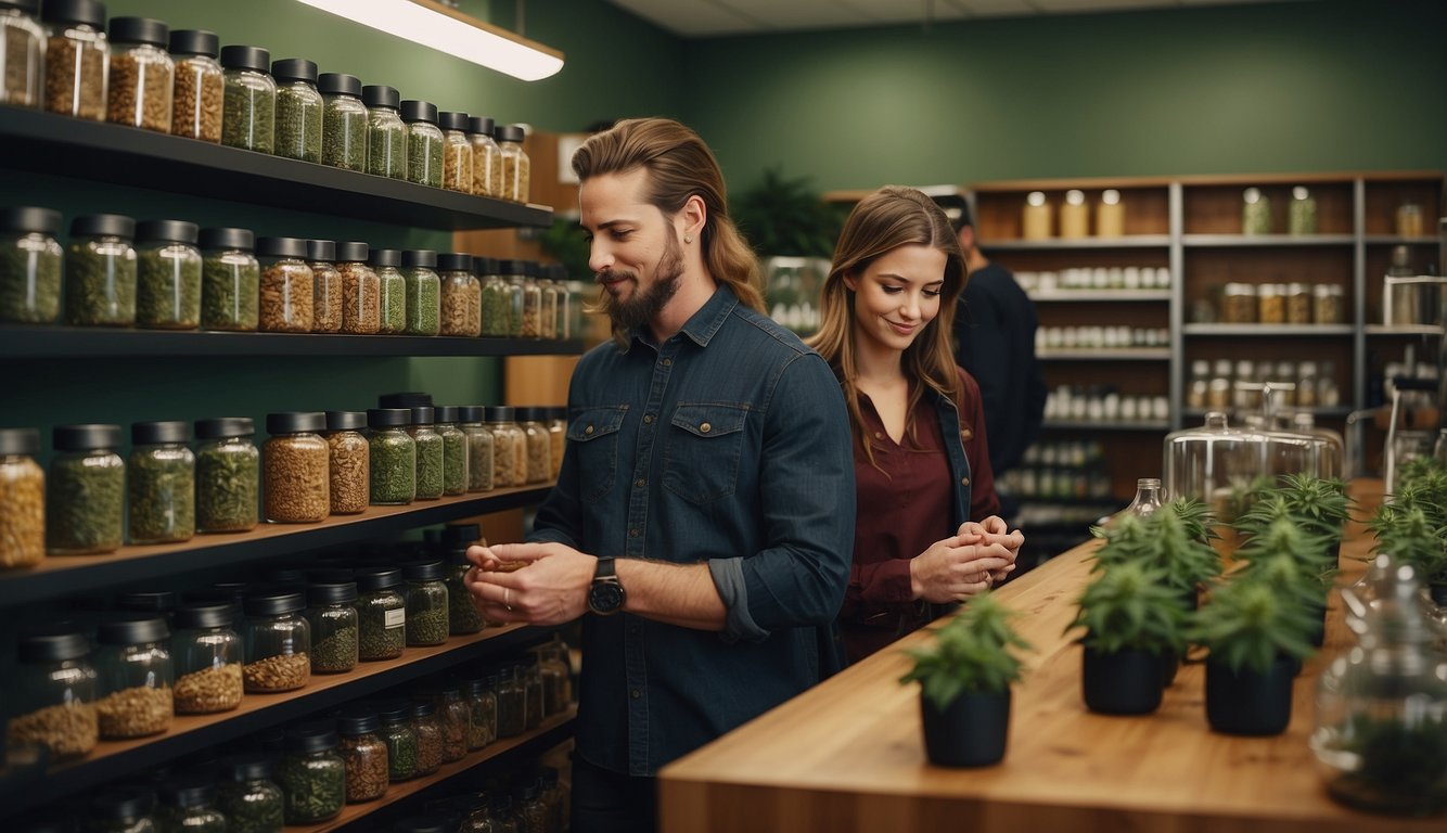 Customers browsing cannabis products in a bright, modern dispensary. Shelves are lined with jars of colorful buds, oils, and edibles. A knowledgeable budtender assists a customer at the counter