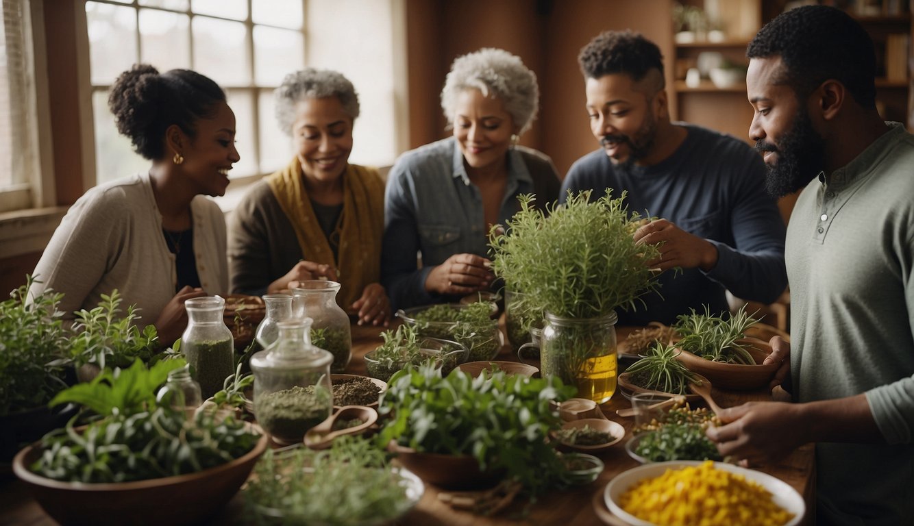 A diverse group gathers around a table, sharing knowledge and traditions of herbal remedies in Quincy, IL. The room is filled with the aroma of various herbs and plants, creating a sense of community and culture