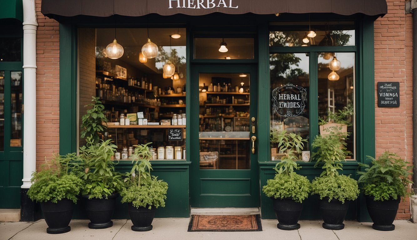 A quaint storefront with a sign reading "Herbal Remedies" in Quincy, IL, surrounded by lush greenery and a serene atmosphere