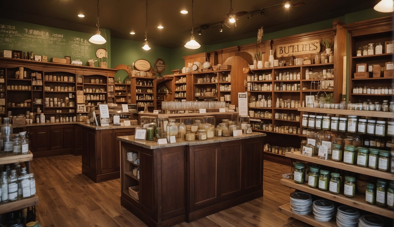 A bustling herbal remedies shop in Quincy, IL. Customers browse shelves, while a knowledgeable staff member answers frequently asked questions