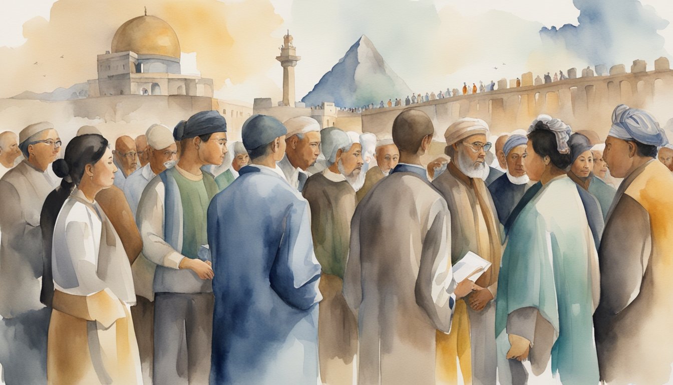 A group of people from various backgrounds listening intently as a figure speaks with authority, surrounded by symbols of different cultures and historical landmarks