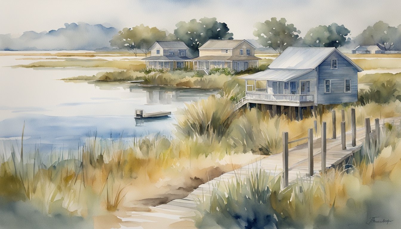 A coastal landscape with saltwater encroaching into freshwater marshes, showing barriers and pumps to mitigate intrusion while also featuring elevated homes and resilient vegetation to adapt to the changing environment