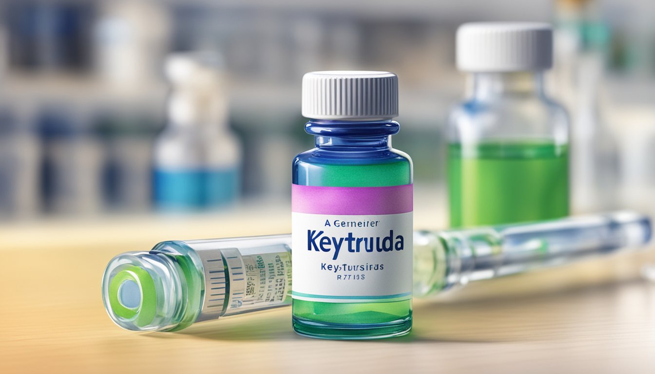 A vial of Keytruda sits on a lab table, with its generic name displayed prominently.</p><p>The label is clear and the liquid inside is a vibrant color