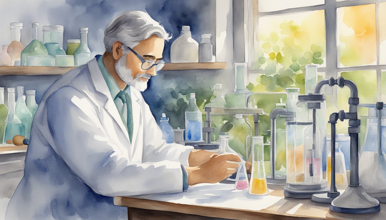 A scientist sets up an experiment, makes observations, collects data, and analyzes results