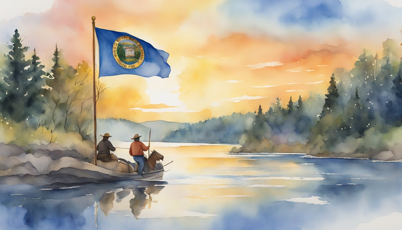 The Minnesota state flag features a blue background with a central state seal.</p><p>The seal depicts a farmer and a Native American riding horses, with a river and a sunrise in the background