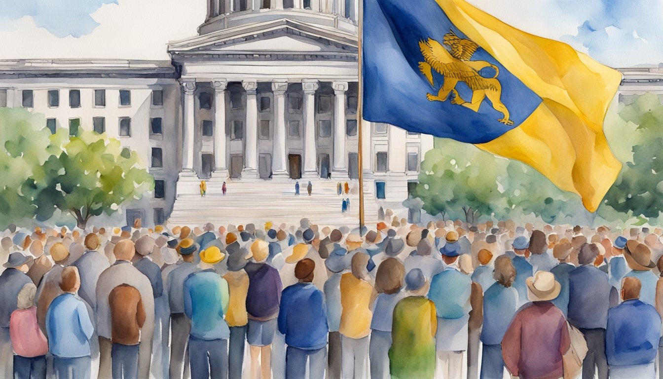 The Minnesota state flag is being raised in front of the state capitol building as a crowd of onlookers gathers to witness the historic moment