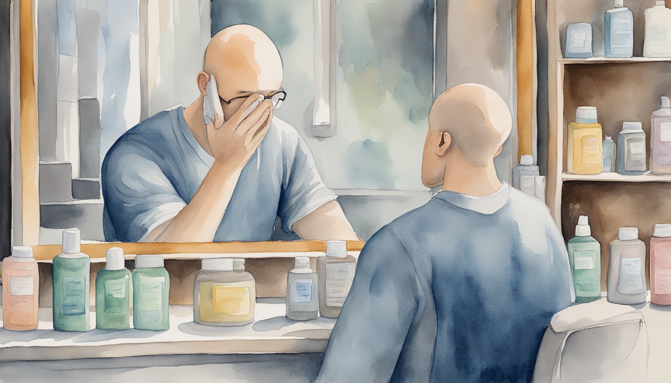 A bald man gazes at his reflection, surrounded by hair loss products and a mirror