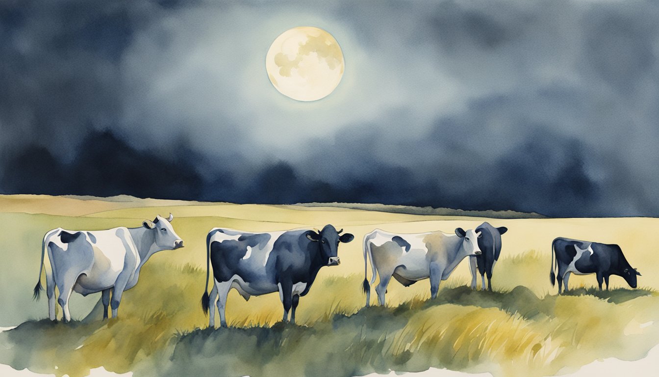 A group of cows standing in a dark, rural field with a full moon shining down, one cow appearing to be tipped over onto its side