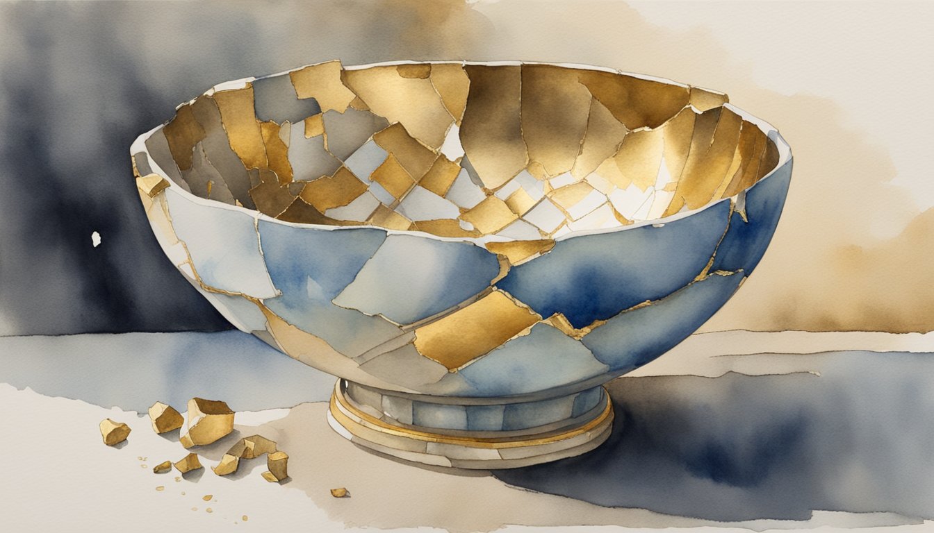 A broken ceramic bowl, meticulously pieced back together with gold lacquer, highlighting the fractures and celebrating imperfections