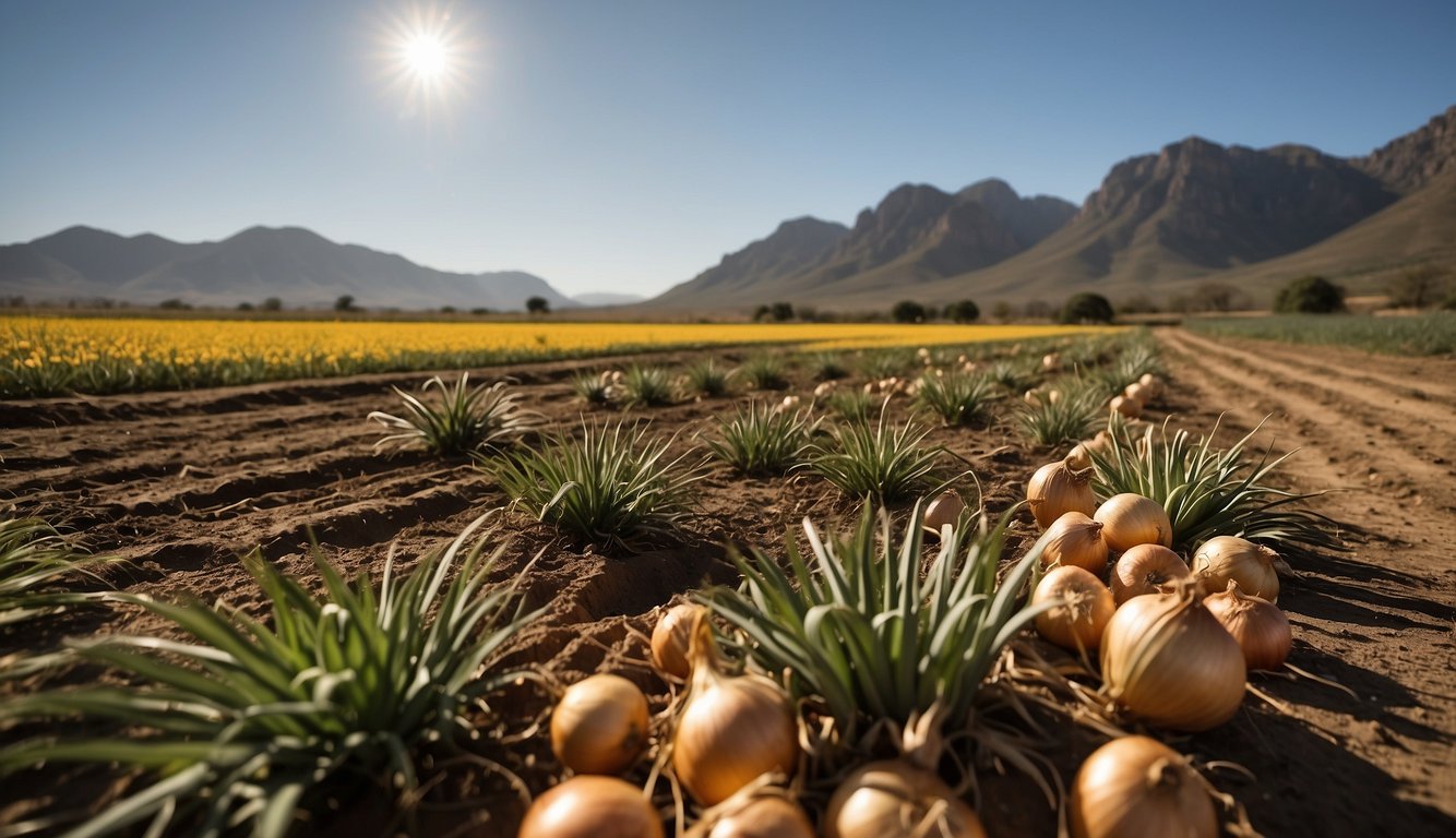 A sunny field in South Africa with various types of onions growing, surrounded by mountains and a dry climate
