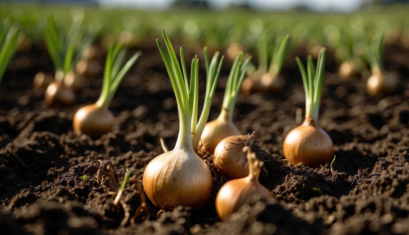 Onions sprout from the rich soil, their green shoots reaching towards the sun. Farmers carefully harvest the mature bulbs, filling baskets with the bountiful crop
