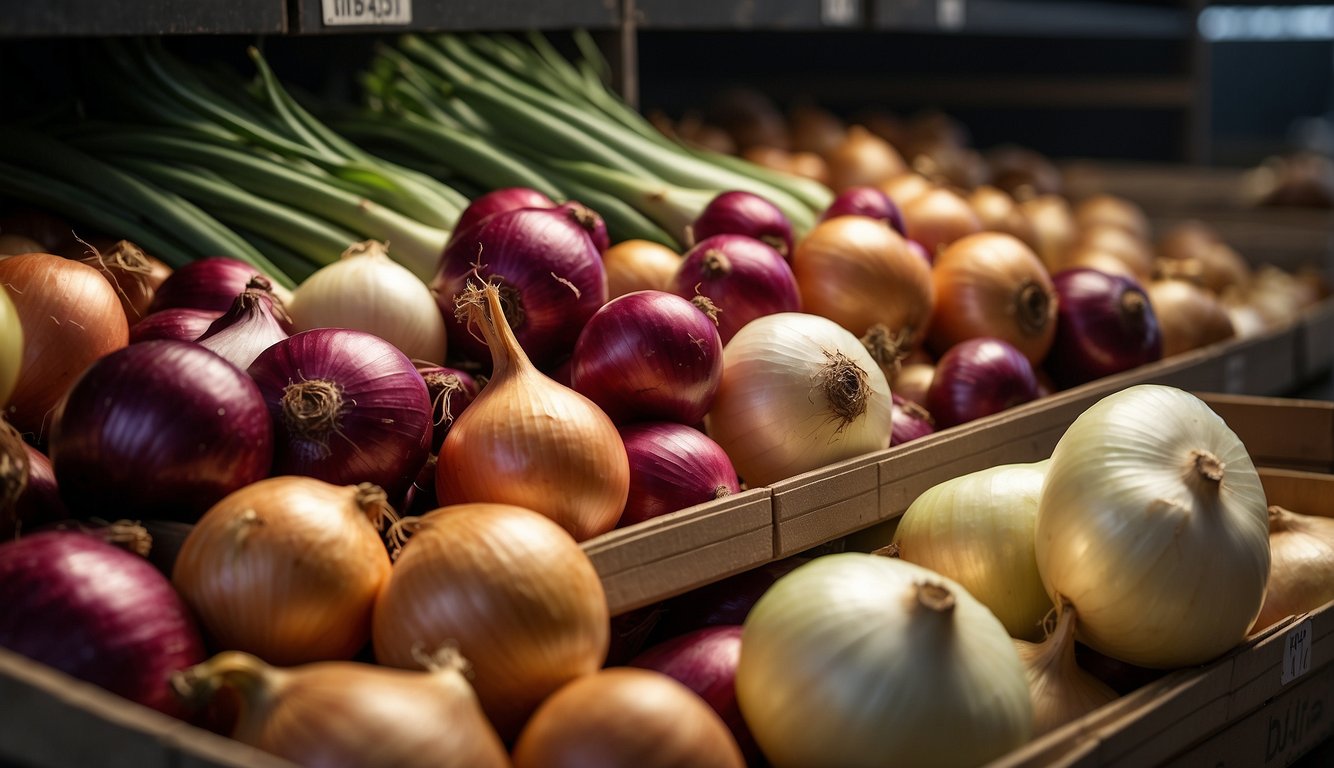 Various types of onions stored in crates on shelves, labeled for shelf life