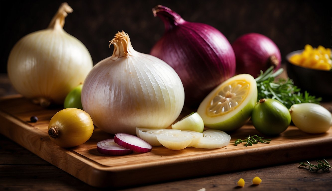 Various onions (white, red, yellow) arranged on a wooden cutting board with a knife and different types of cuisine in the background