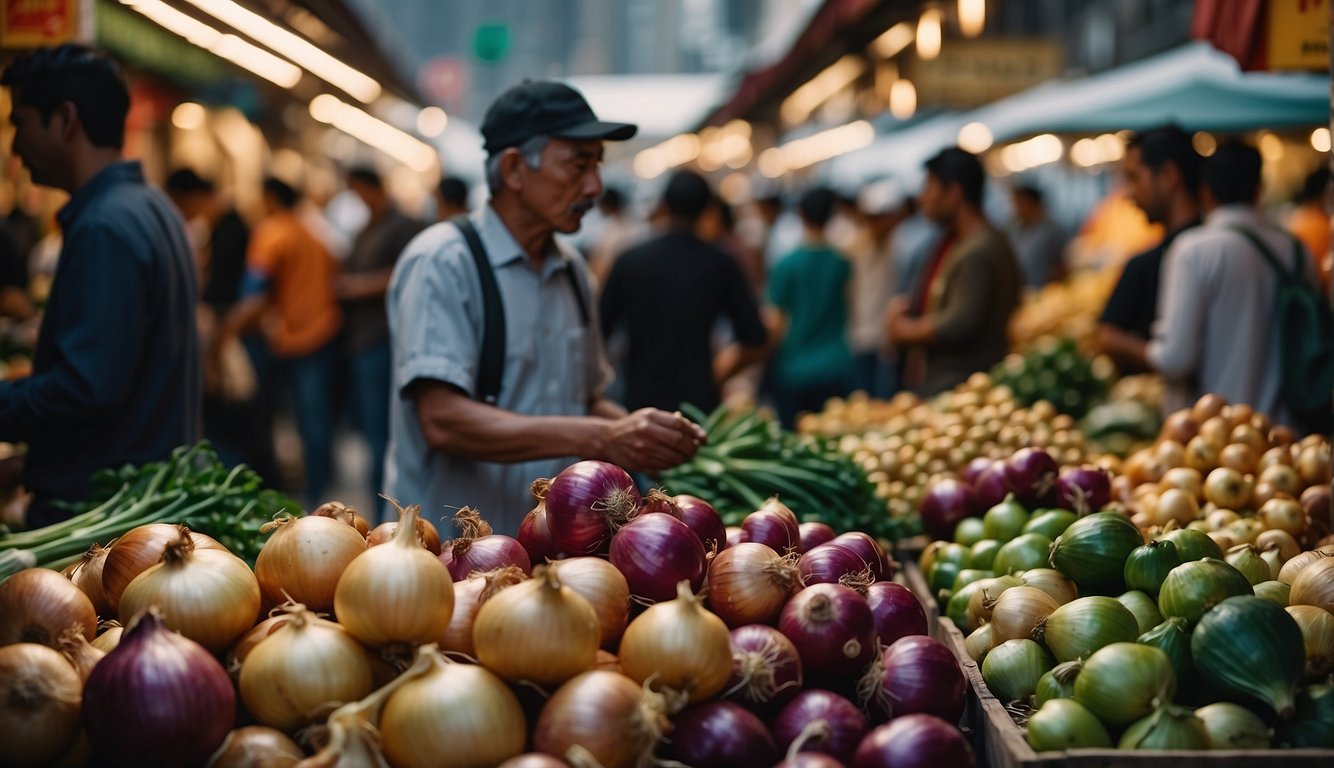 A bustling market with various onion types on display, vendors haggling with customers, and economic indicators in the background
