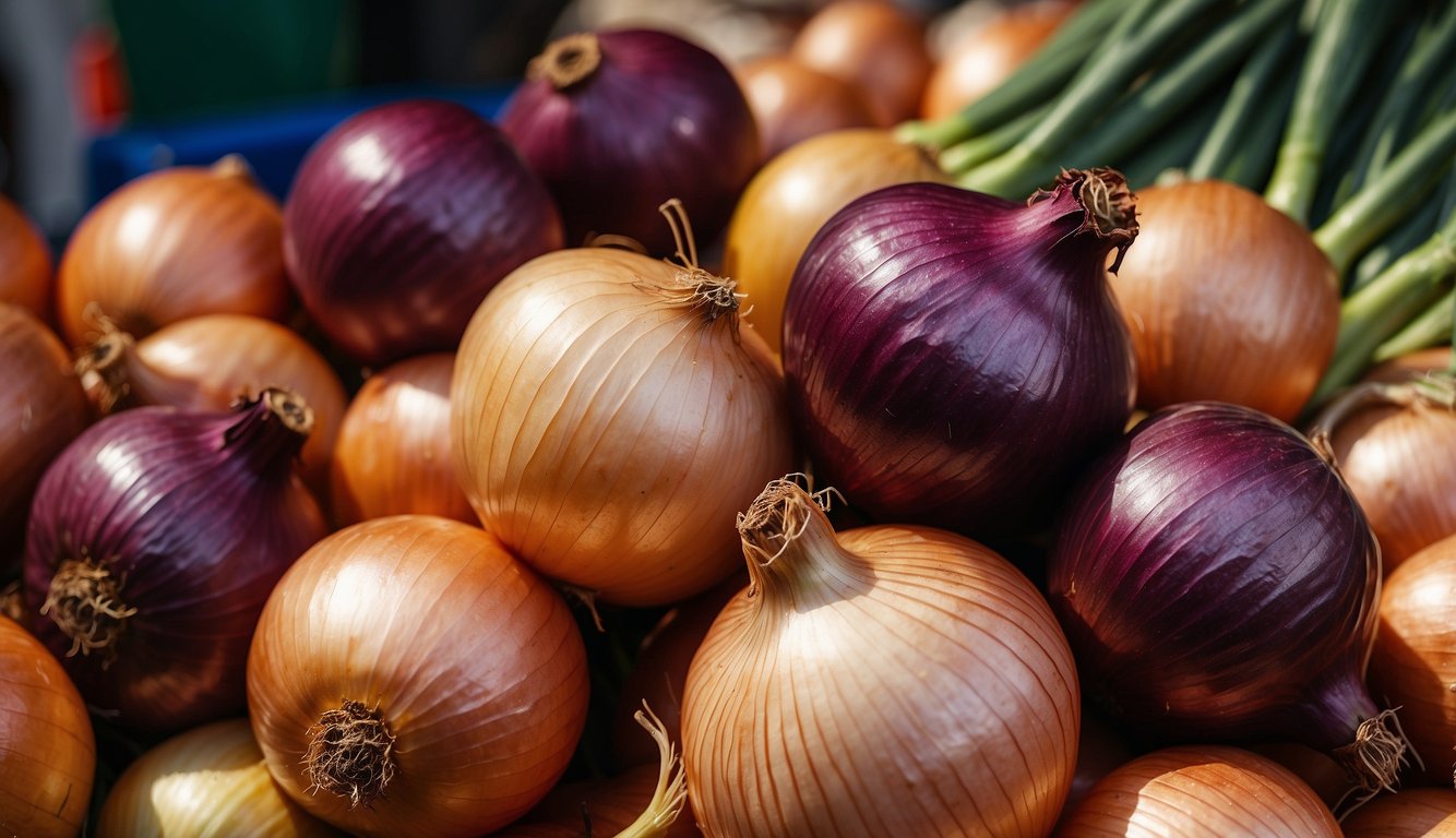 A variety of onions from South Africa displayed on a market stall