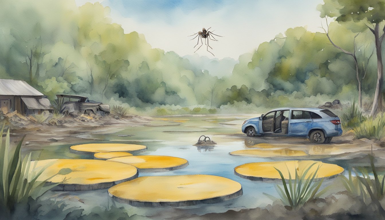 A mosquito hovers over a stagnant pool of water, surrounded by discarded tires and other potential breeding sites.</p><p>A warning sign about Zika infection is posted nearby