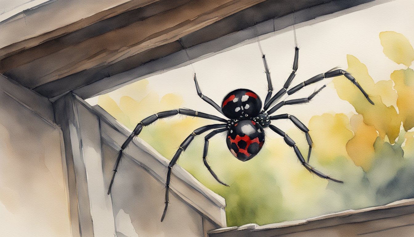 A black widow spider hangs from its web in a dark, secluded corner of a garage, its red hourglass marking visible