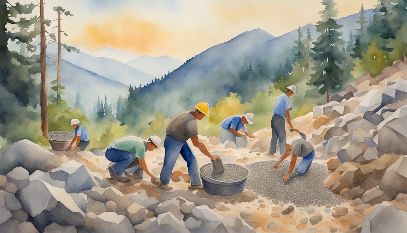 Miners sifting through gravel and dirt, uncovering colorful gems in a scenic, mountainous setting