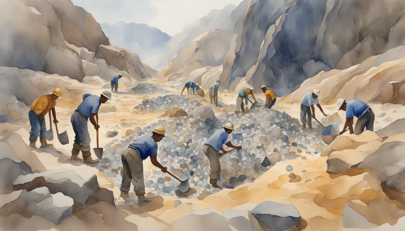 Miners use pickaxes and shovels to extract gems from rocky terrain.</p><p>Sifting screens and water are used to separate the gems from the dirt