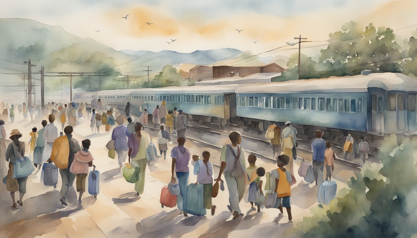 A bustling train station with families and individuals carrying their belongings, leaving the rural South for the urban North during the Great Migration