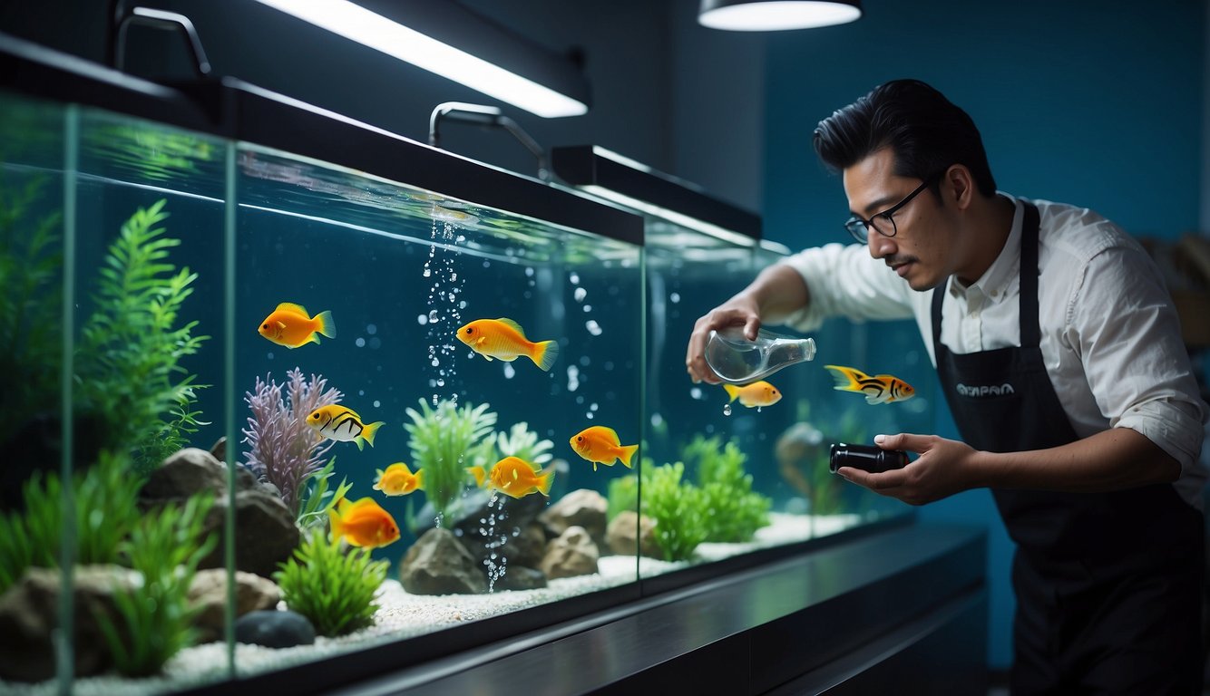 A person pouring a water softening solution into an aquarium, with a variety of fish swimming in the softened water
