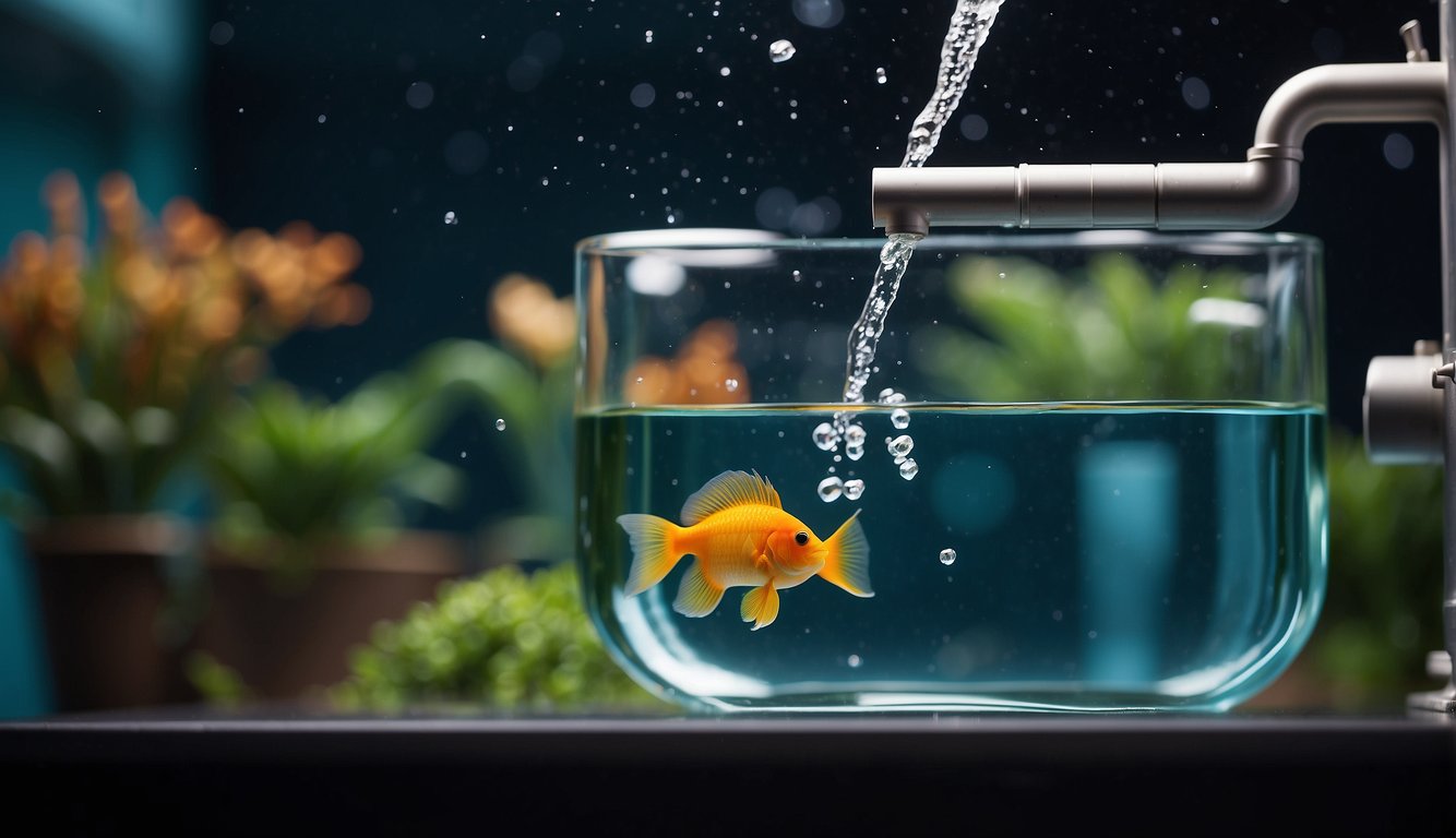 Clear water flows into a fish tank from a faucet. A variety of water testing kits sit nearby