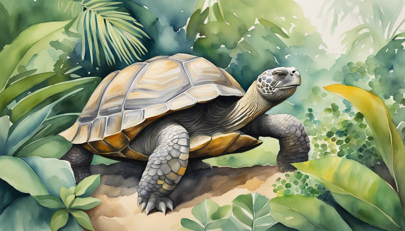 A giant tortoise roams a lush, tropical island, surrounded by diverse plant and animal life.</p><p>Its slow, deliberate movements reflect a tranquil, unhurried lifestyle in its natural habitat