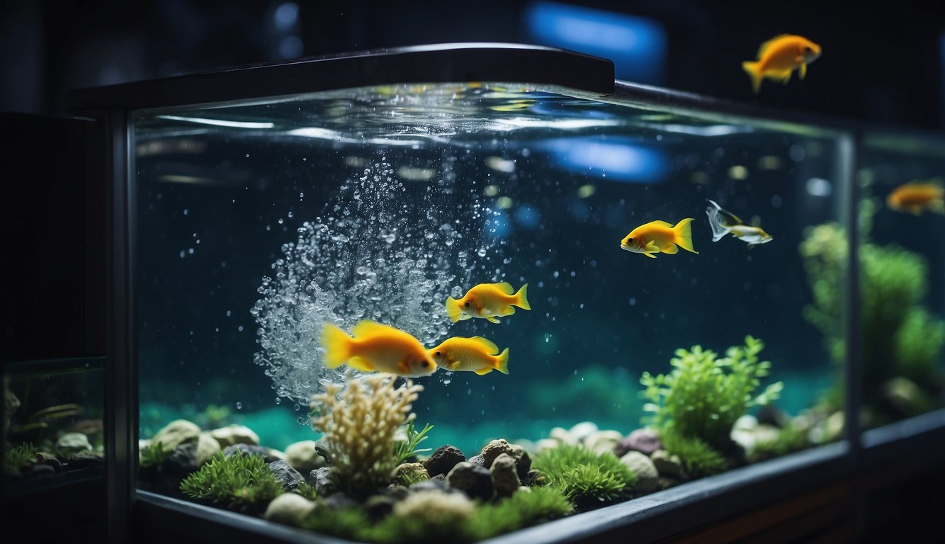 Clean water flows through a filtration system into a fish tank, creating a healthy environment for the fish