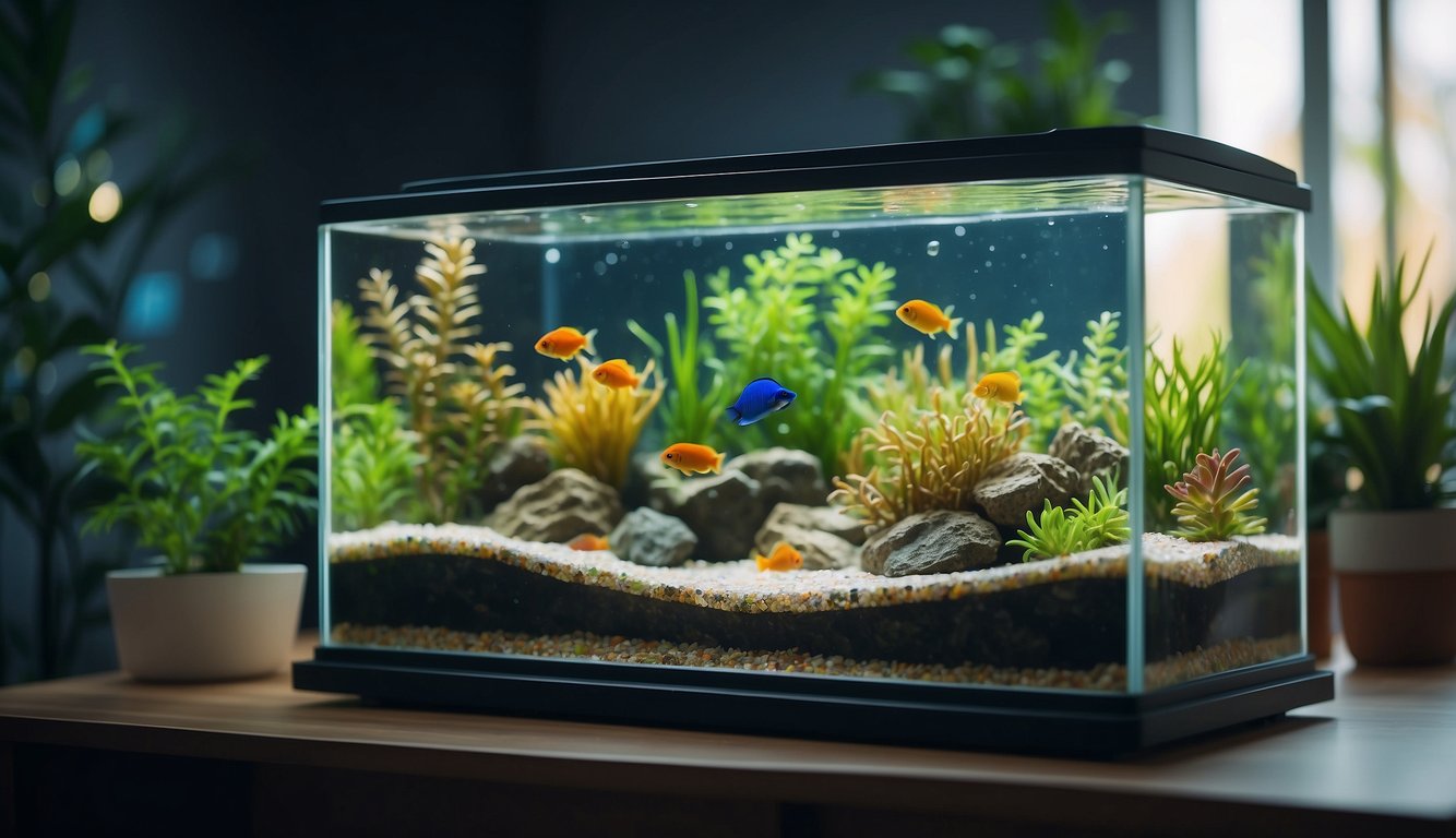 A fish tank sits on a sturdy stand, filled with clear water and adorned with colorful gravel and artificial plants. A filter hums softly in the background, keeping the water clean for the vibrant fish swimming gracefully within
