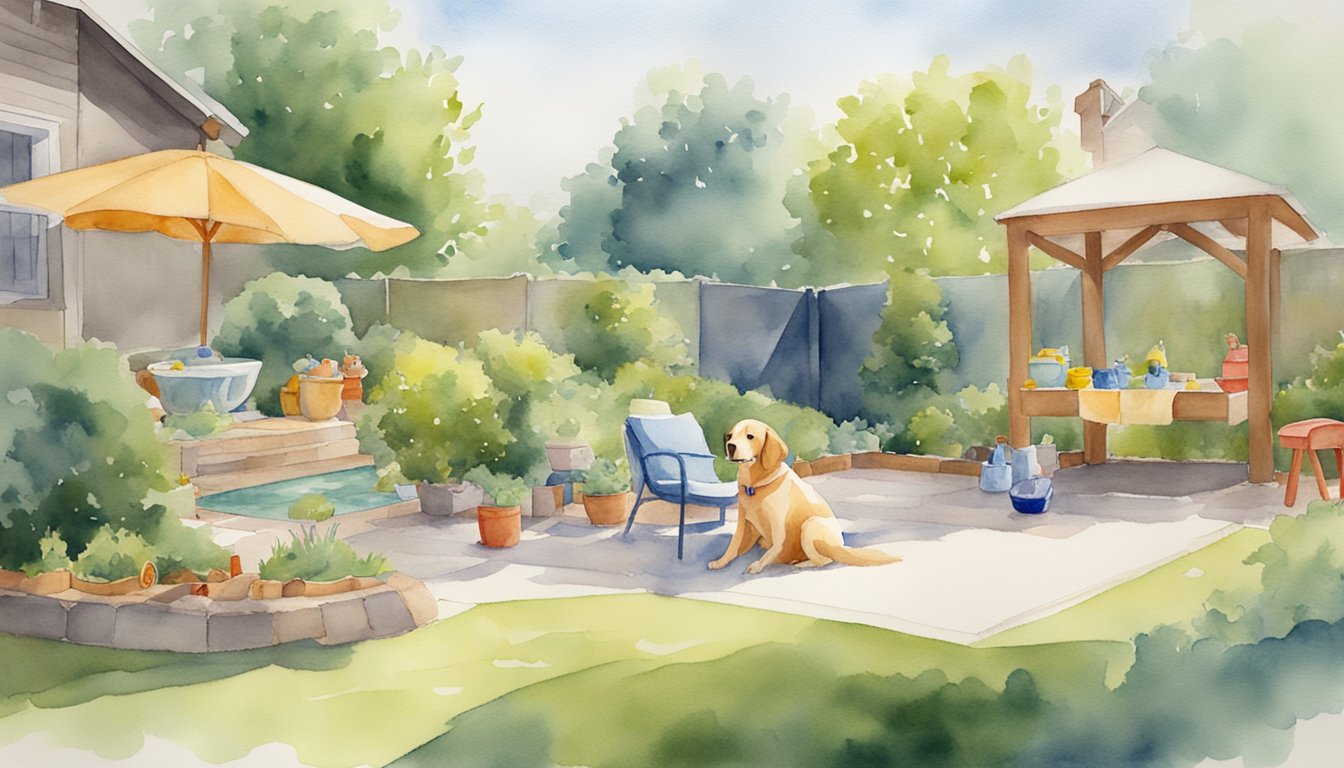 A serene backyard with a healthy, well-groomed dog lounging in the shade, surrounded by toys and a water bowl