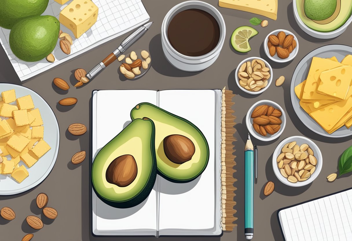 A table set with a variety of high-fat foods, such as avocado, cheese, and nuts, alongside a notebook and pen for planning