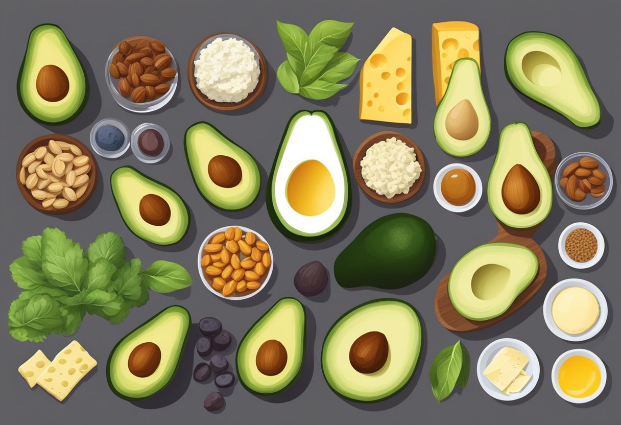 A table set with a variety of low-carb, high-fat foods like avocados, nuts, and cheese. A menu with options for a successful fat fast displayed prominently