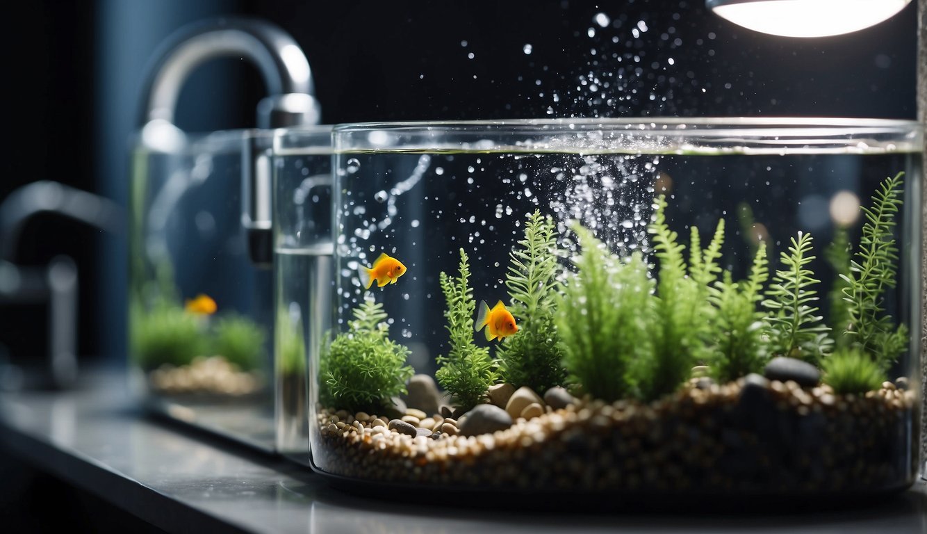 Water being poured into a fish tank, followed by the addition of cycling bacteria and aeration to speed up the cycling process