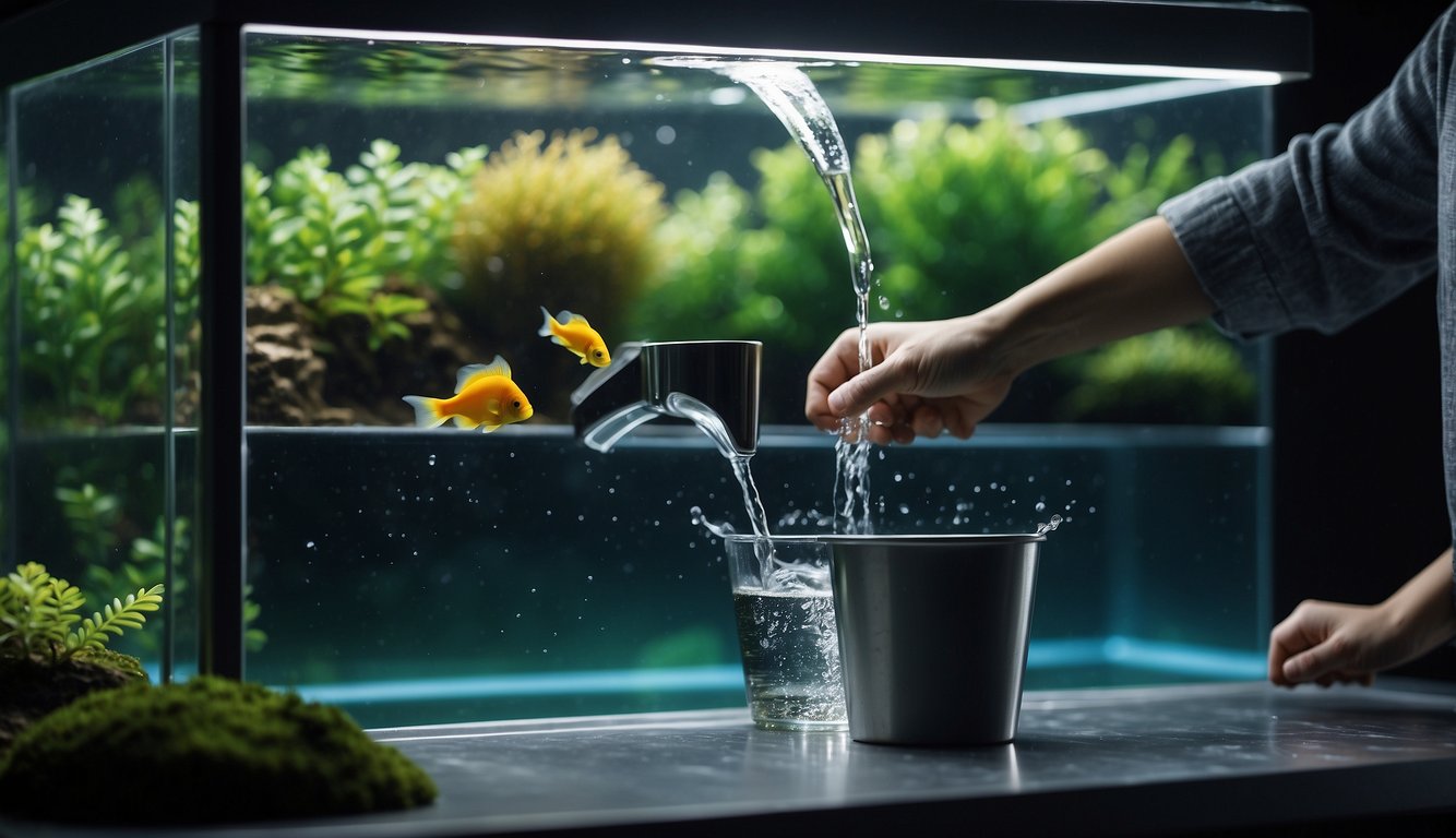 A hand pours water from a bucket into a fish tank. A water conditioner is added, followed by a filter check and gravel vacuuming