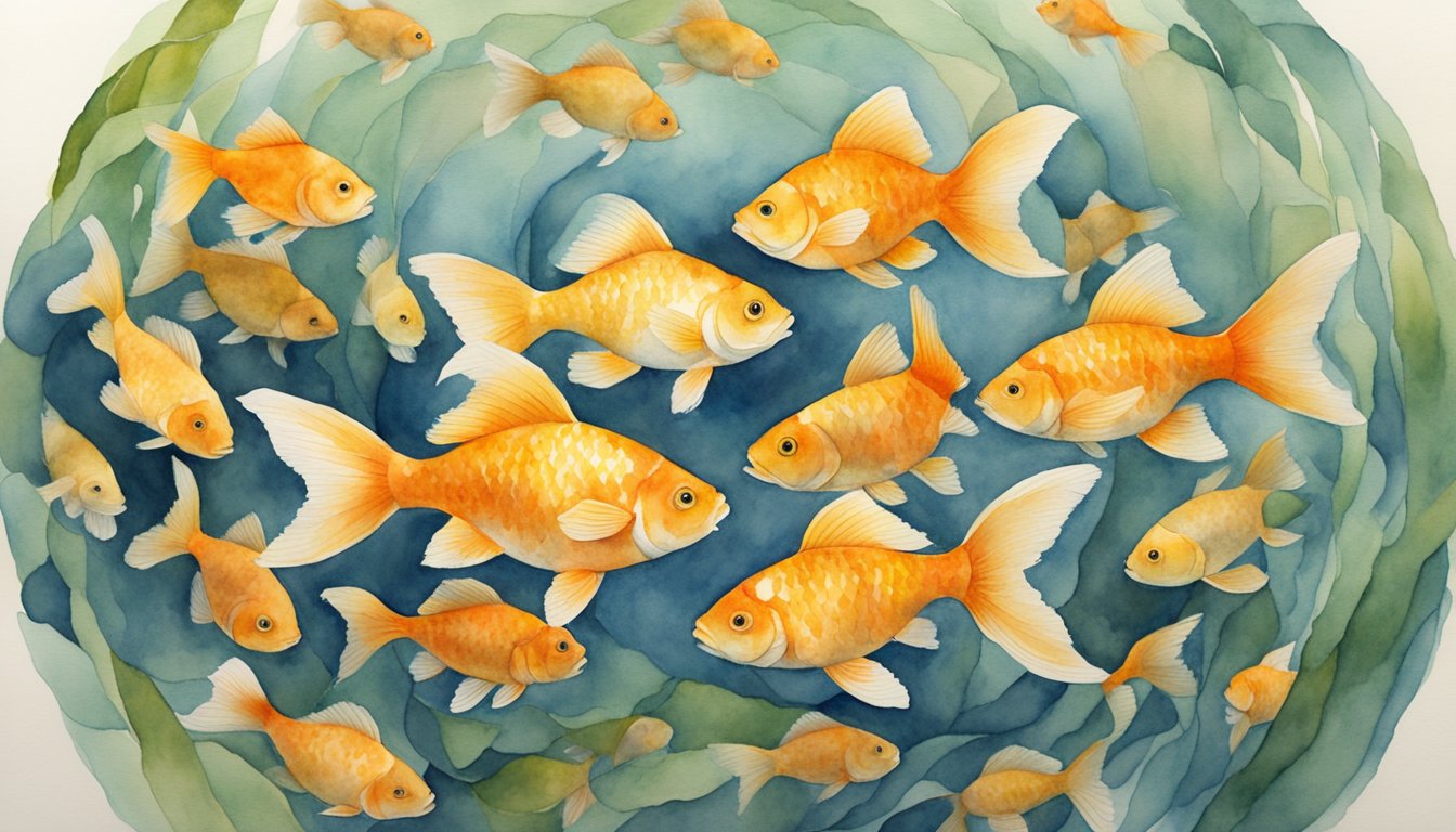 A group of giant goldfish swim in a circular pattern, each one taking turns leading the group and following the others, demonstrating a complex management strategy in their interactions